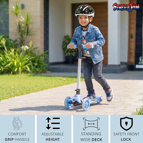 Image of STREETJAM Komiks Kids Kick Scooter for 3-12 Years, Tilt & Turn Safety Lock (1st Time in India), BIS Approved, Lean-to-Steer, Wide Deck, Adjustable Height, Up to 35 kg Load (Neon Blue with Grey)