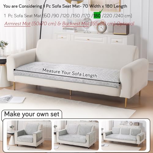 Image of HOKIPO Premium Velvety Quilted Anti-Slip Sofa Cover Mats for L-Shape & 1 /2 /3 Seater Sofa | Make Your Own Sofa Cover Set, 'Softline Quilted Series' 70(W) x 180(L) cm | Ice Grey (AR-6318-LGRY)