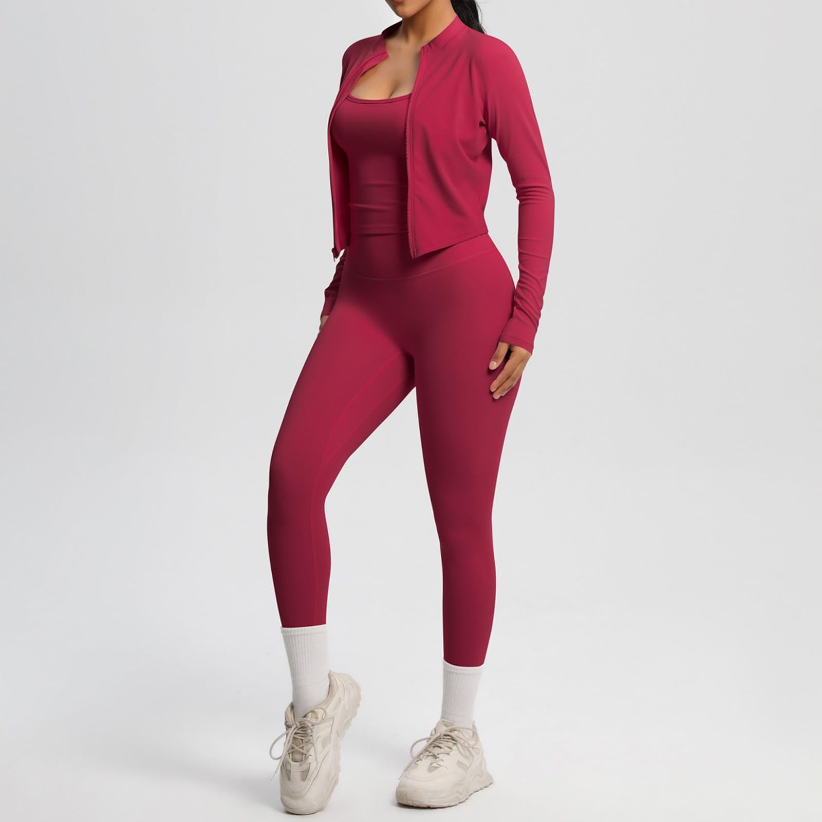 Set sportivo da donna, 3 pezzi, con giacca sportiva, leggings + reggiseno sportivo, per fitness, yoga e pilates, allenamento sportivo, tinta unita