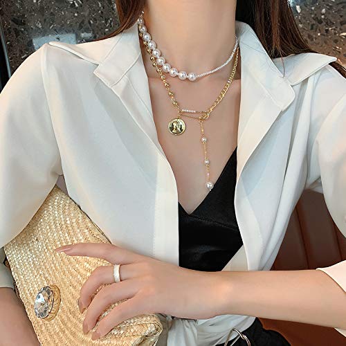Y2K Necklace Coin Pendant Layered Necklace 18K Gold Plated Ball Splicing Chain Paper Clip Pearl Drop Fashion Y2K Choker Jewelry For Women Girl #TOP1