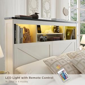 Farmhousefullsizewoodbedframewith52tallstorageheadboardand4drawersledlightchargingstationsolidwoodslatssupportnoiselessnoboxspringneededwhite Urban Country Home Decor Farmhouse full size wood bed frame with 52 tall storage headboard and 4 drawersled lightcharging stationsolid wood slats supportnoiselessno box spring neededwhite urban country home decor