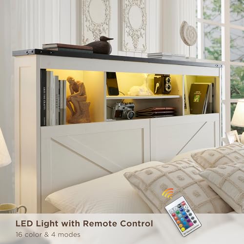 Farmhousefullsizewoodbedframewith52tallstorageheadboardand4drawersledlightchargingstationsolidwoodslatssupportnoiselessnoboxspringneededwhite Urban Country Home Decor Farmhouse full size wood bed frame with 52 tall storage headboard and 4 drawersled lightcharging stationsolid wood slats supportnoiselessno box spring neededwhite urban country home decor