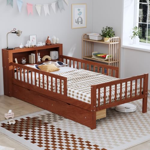 Kids Platform Bed with Storage Headboard, Twin Size Kids Bed with 2 Under-Bed Drawers and 3-Side Guardrails (Walnut)