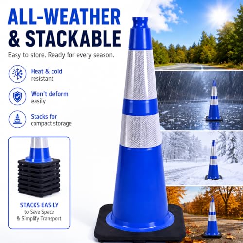 Image of BESEA 4 Pack 28 Inch Blue Traffic Cones with Wide Weighted Base