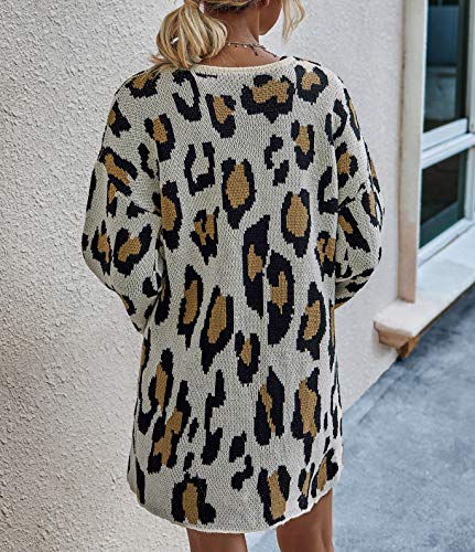 BTFBM Women Open Front Long Sleeve Casual Plain Knit Pockets Ribbed Hem Cuffs Side Slits Long Chunky Sweater Cardigan (Leopard Apricot, Large)