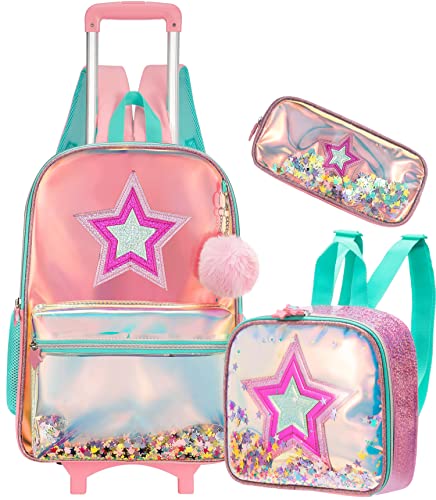 Meninas 3pcs rolando mochila com rodas para a escola (Pink Star)