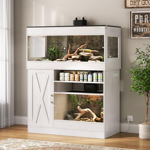 Terroute Dual Reptile Enclosure with Stand for Multiple Pets 120 Gallon Reptile Tank & 60 Gallon Reptile Terrarium with Cabinet Sliding Doors Power Outlet for Snakes Lizards Geckos White CAGE004E