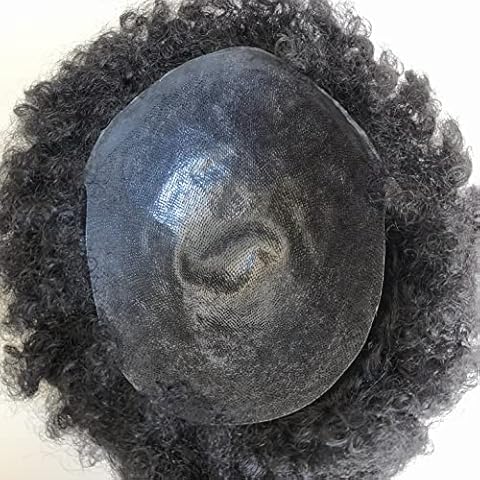 AIRAO Full PU Thin Skin Base Men Toupee with Human Hair Piece System 8"×10" Natural Black 1B# Curly 10mm Cover
