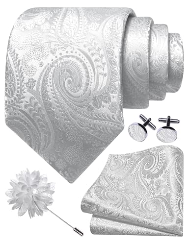 Image of GUSLESON Paisley Tie Set for Men 3.15 inch Necktie Lapel Pin Hankerchief Cufflinks Set for Men