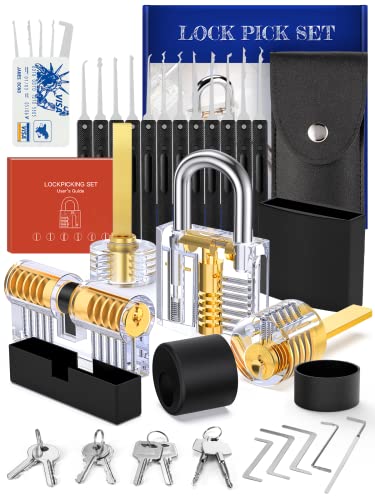 Kit de Crochetage Serrure 37+4 Pièces, 37 Pièces Lock Picking Kit, Outils de D’entraînement avec 4 Serrure Transparente Cadenas, pour Serruriers Débutant et Pro