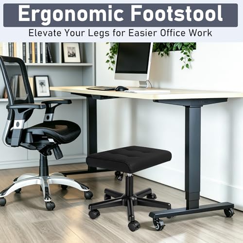 Image of Footrest Under Desk Leg Rest Ottoman Adjustable Height Foot Stool with Wheels Leather Footrest