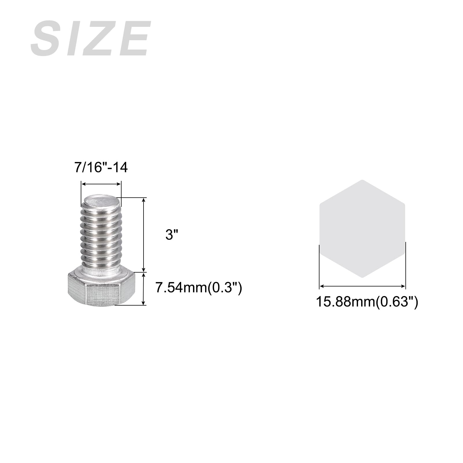 METALLIXITY Hex Head Bolts (7/16-14 x 3") 5Pcs, 304 Stainless Steel 18-8, Fully Threaded, External Hex Drive, Plain Finish - Image 2