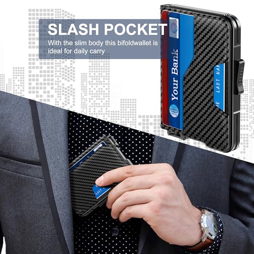 Wallet for Men - Pop Up Case, Cash Slot, and Credit Card Wallet - Slim Minimalist Aluminum Front Pocket Wallet with RFID Blocking/ID Window (Carbon Fiber)4