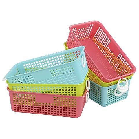 Leendines Plastic Office Desktop Storage Basket, 6 Packs Small Colored Baskets Cover
