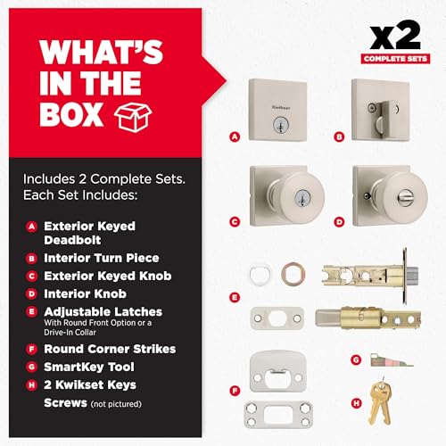 Image of Kwikset Pismo Square Front Door Lock Handle and Deadbolt Set, Entry Exterior with Interior Door Knob, Satin Nickel, Project Pack, Pick Resistant SmartKey Rekey Deadbolt Security