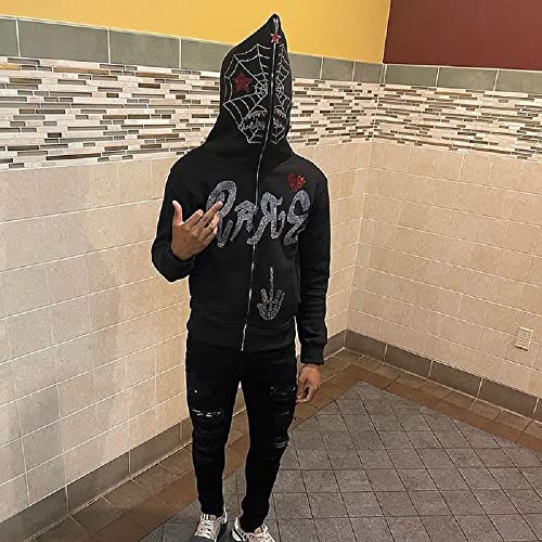 Nechari Y2K Rhinestone Hoodie Women's Zip Up Skeleton Jacket Pattern Print Vintage Aesthetics Design Oversized Pullover #TOP2