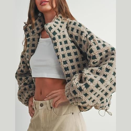Women's Checkered Sherpa Jacket Long Sleeve Fuzzy Zip Up Cropped Fleece Jackets Winter Casual Loose Teddy Outerwear2