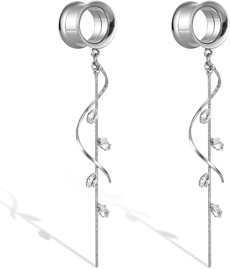 ear dangle gauges 1 Pair Double Horn With Flower Earrings Tunnels Hypoallergenic Stainless Steel Ear Gauges 00G 8mm-16mm Body Piercing Jewelry