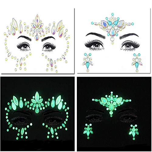 Noctilucent Face Gems Stickers Luminous Temporary Tattoos for Woman Self-adhesive Waterproof Glitter Rhinestone Body Eyes Jewels Easter Rave or Festival Party Decoration