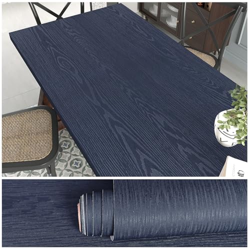 Image of VEELIKE Dark Blue Wood Effect Wallpaper Textured Peel and Stick Wallpaper 60 x 300cm Blue Wood Effect Vinyl Self Adhesive Waterproof Contact Paper Removable Vinyl Wrap for Furniture Countertop Cabinet