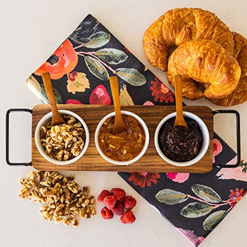 Acacia Wood Serving Tray With 3 Ceramic Bowls & 3 Wooden Spoons - Relish Tray With Stainless Steel Handles & Non-Scratch Rubber Feet Serves As Chip And Dip Serving Set For Sauces, Dips & Much More #TOP4