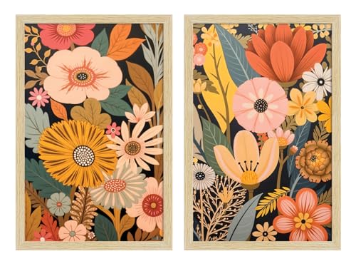 Image of ArtX Paper Boho Art Paintings with Frame for Home Decor, Floral Wall Painting for Living Room, Multicolor, Natural Wood Color Frames, Set of 2