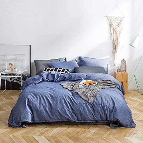 SUSYBAO Denim Blue Duvet Cover King 100% Washed Cotton Vintage Chambray Duvet Cover Set 3 Pieces 1 Blue Retro Duvet Cover with Zipper Ties 2 Pillowcases Luxury Soft Denim Blue Bedding Set Breathable