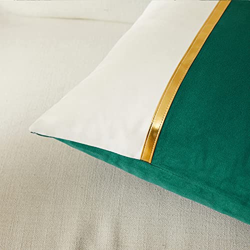 Image of Fancy Homi 2 Packs Christmas Green Throw Pillow Covers 18x18 Inch for Living Room Couch Bed, Green and White Velvet Patchwork with Gold Leather, Christmas Home Decor Square Cushion Case 45x45 cm
