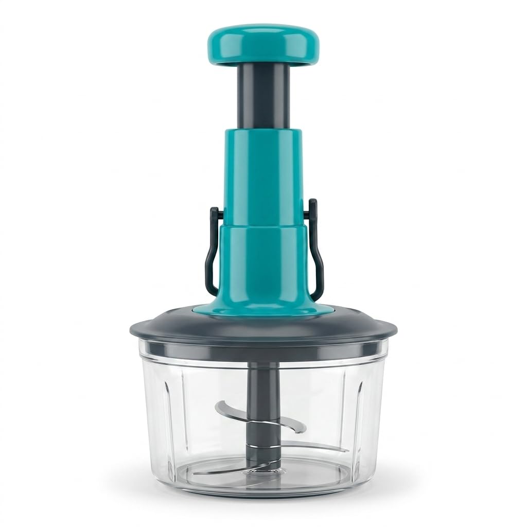 Manual Push Chopper for Kitchen, Teal, BPA-Free Plastic, 20 cm, Stainless Steel Blades, Vegetable & Food Cutter-image-22