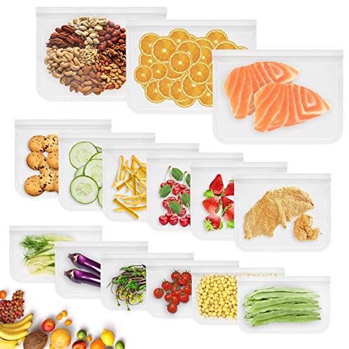ASANMU Bolsas de Silicona Reutilizables, 15 Packs 3 Tamaños Bolsas Reutilizables para Almacenamiento de Alimentos Súper Grueso Sello Bolsas Congelador para Carne de Frutas Pescado Pan y Sandwich