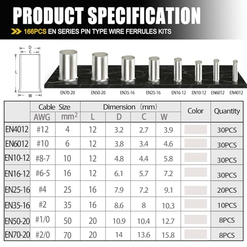 Image of mankk 166pcs Wire Ferrules Kits AWG(1 /0 2 /0 2 4 6 8 10 12) Silver Plated Copper Crimp Terminal Connector Sleeves Insulated Cord Pin End Terminal M-020