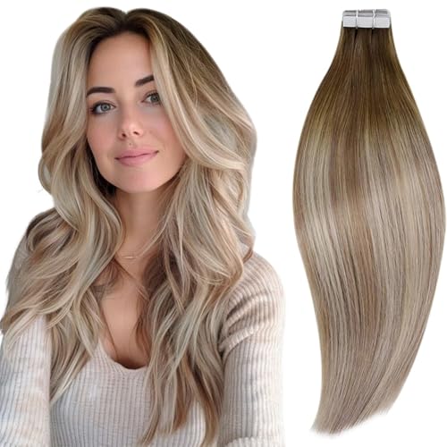 RUNATURE Tape in Hair Extensions Human Hair Blonde Ombre Brown Tape Hair Extensions Real Human Hair Blonde Bayalage Tape Hair 14 Inch 50gram #3/8/22