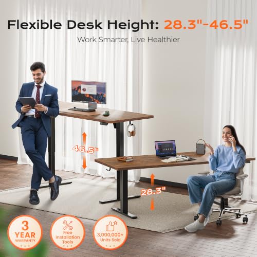 Image of Huuger 71 x 30 Large Electric Standing Desk, Height Adjustable Computer Desk, 29.5 inch Deep Desktop, Stand up Gaming Office Table with 2 Hooks, 3 Preset Heights, for Home Office, Rustic Brown