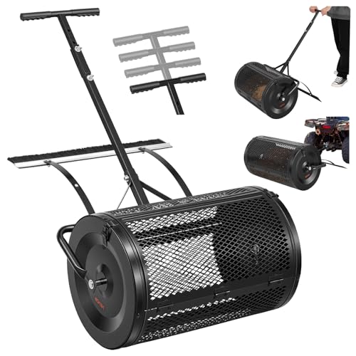 Image of VEVOR Compost Spreader, 24 inch Wide Peat Moss Spreader with Push /Tow Handle & Brush, 4 Heights Adjustable, Powder-Coated Steel Garden Peat Moss Roller, Heavy Duty Grass Seed Roller for Planting Seeding