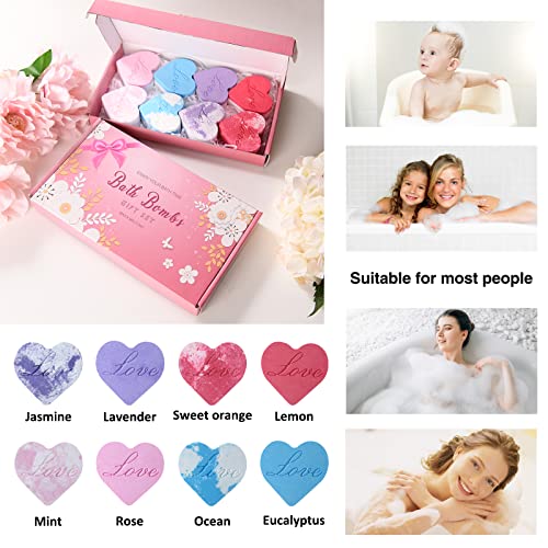 8 Pack Heart Shape Bath Bombs Gift Set, Natural And Organic Handmade Bath Bomb Gift Idea For Women Teens Girlfriend Kids, Essential Oils Bath Bombs For Birthday, Wedding, Spa, Valentine's Day #TOP5
