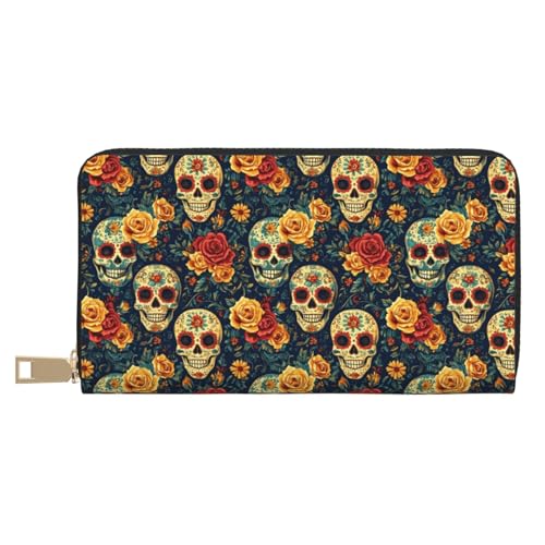 Retro Flower Skull Print Wallet Women Men, Long PU Leather Wallets for Women, Cute Womens Travel Wallet Purse Pouch with Zipper Pocket