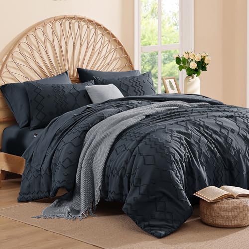 Image of AMBERSPACE Full Size Comforter Set Navy Blue, Tufted Boho Bedding Farmhouse Bed Set, All Season 7 Pieces Bed in a Bag with Sheets, Pillowcases & Shams