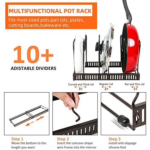 Pot Rack Organizer -Expandable Pot and Pan Organizer for Cabinet,Pot Lid Organizer Holder with 10 Adjustable Compartment for Kitchen Cabinet Cookware Baking Frying Rack,Bronze - Image 6