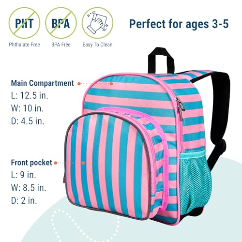 Image of Wildkin 12 Inch Toddler Backpack for Kids, Pink Stripes | Ages 3-7, lightweight toddler backpack for daycare, preschool, and travel