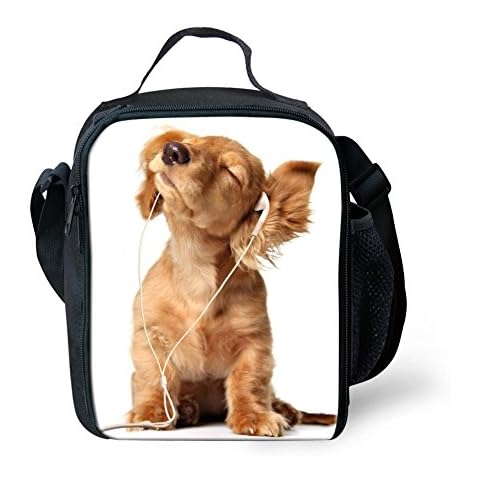 Kids Back to School Lunch Bag Polyester Durable Insulated Reusable Lunch Box Bag Animal 3D Pattern(Dog Listening to Songs) Cover