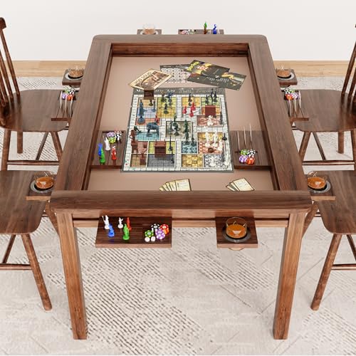 LAUSAINT HOME Board Game Table with Removable Table Top 54 x 31 Play Area Gaming and Dining Table with EVA Play Mat Detachable Cup Holders and Trays for 6 Players for Card DND and Poker Walnut