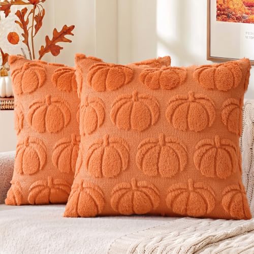 Image of decorUhome Fall Decorative Orange Pumpkin Throw Pillow Covers 20x20 Set of 2, Soft Faux Fur Plush Farmhouse Accent Pillow Cases for Couch Bed Sofa Autumn Harvest Halloween Holiday Home Decor