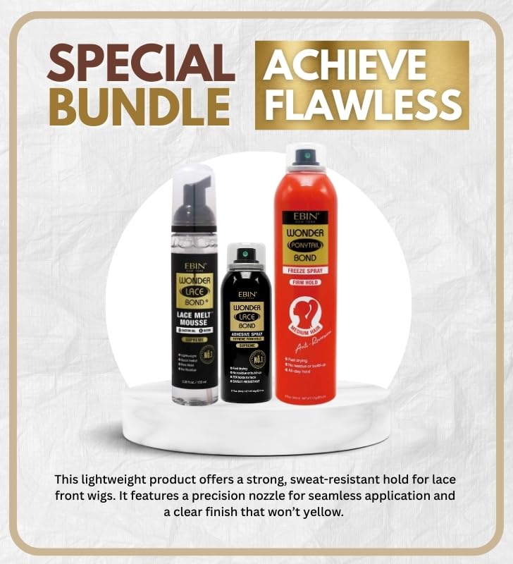 1xBond Wig Adhesive Spray - Supreme, 1x Wonder Lace Bond Melt Mousse, 1x Wonder Ponytail Freeze Spray – Firm Hold, Secure Wig Hold, Quick-Dry, Bold Hold – Gift Set (3 Items)