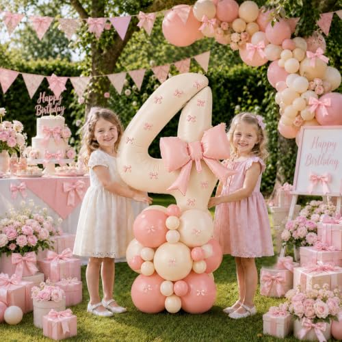 Image of 40 Inch Pink Beige Number 4 Balloon Tower with Bow 4th Birthday Decorations