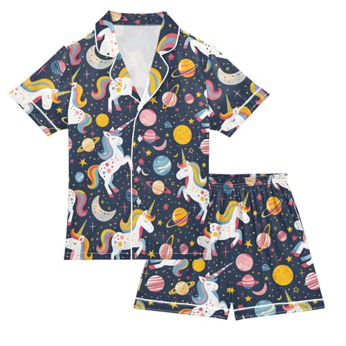 ALAZA Unicorn Planet Space Solar System Satin Pajamas Set Short Sleeve Button Down Sleepwear Summer Pjs 2 Piece