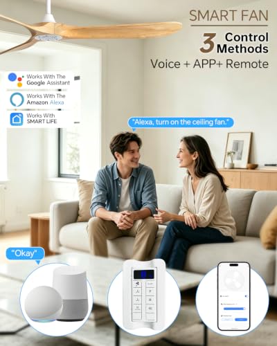 Image of Sofucor 60 Inch Smart Wood Ceiling Fan No Light, Alexa /App /Remote Control