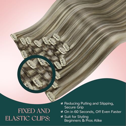 Image of Easyouth Human Hair Clip in Extensions Highlight, 22 Inch 7pcs 120g, Clip in Human Hair Extensions, Light Brown Highlights Platinum Blonde, Invisible Clip in Hair Extension Human Hair, Remy Hair