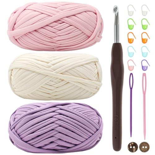 Renyiz Lot de 3 pelotes de fil épais pour crochet, t-shirt, 100 g, rose, blanc, violet, kit de crochet pour débutants, tissu élastique avec crochet de 6 mm,...