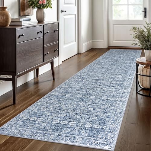 2.6x10 Blue Washable Runner Rug for Kitchen, Soft Classic Runner with Non-Slip, Non-Shedding Distressed Floral Rug for Hallways Entryway Bedroom Bathroom Laundry Indoor