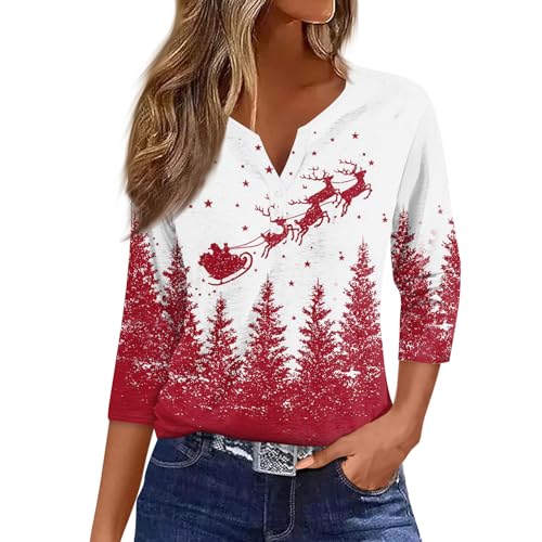 Image of Women Christmas Shirt 3 /4 Length Sleeve Henley Tops Xmas Outfits